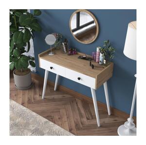 Öltözködő asztal RANI 98,6x83,8 cm + fali tükör átm. 40 cm barna/fehér