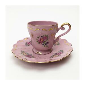 Csésze és csészealj Karolína rózsaszín színben és virágos motívummal